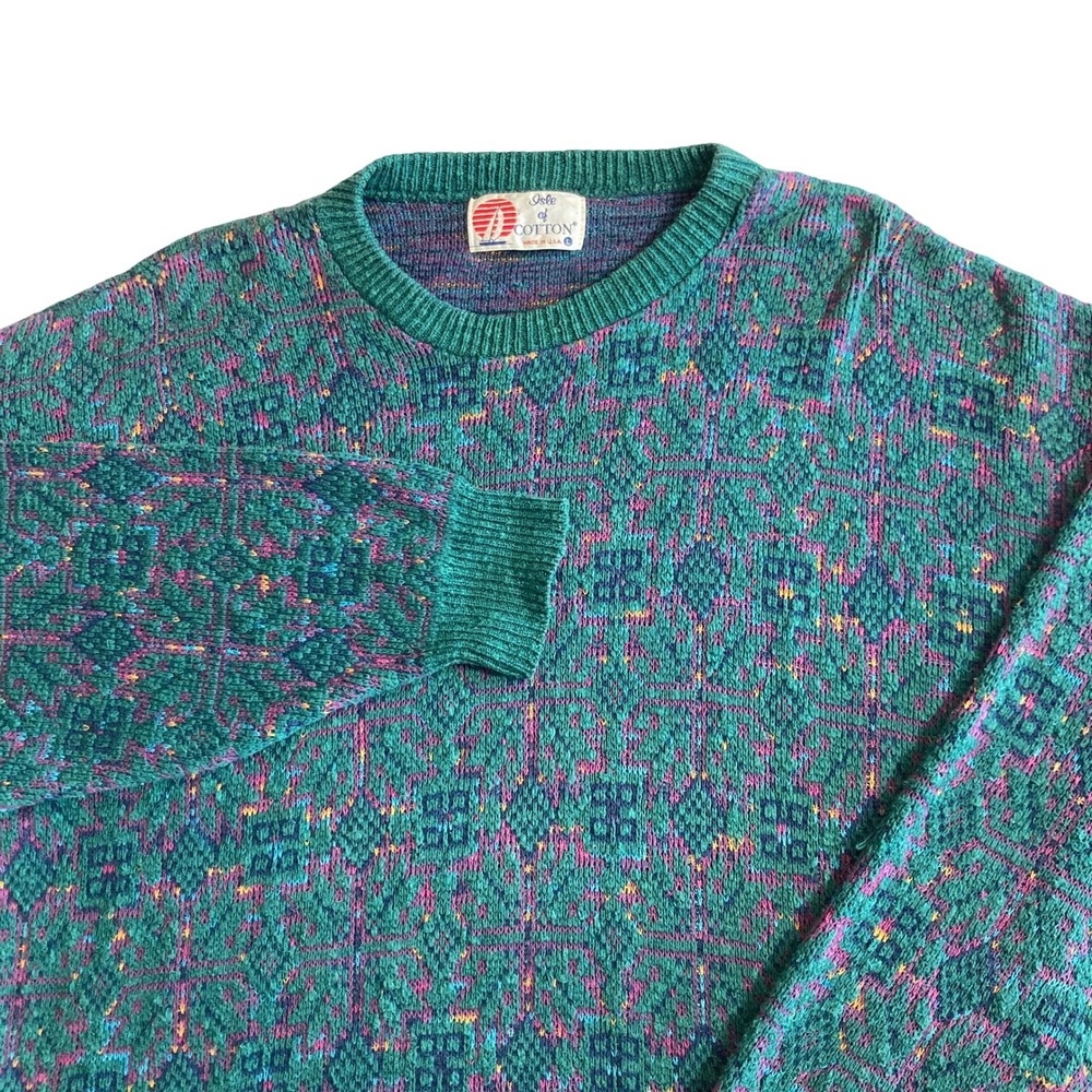 Vintage Isle of Cotton Mens Large Teal Purple Geometric Knit Sweater USA Made